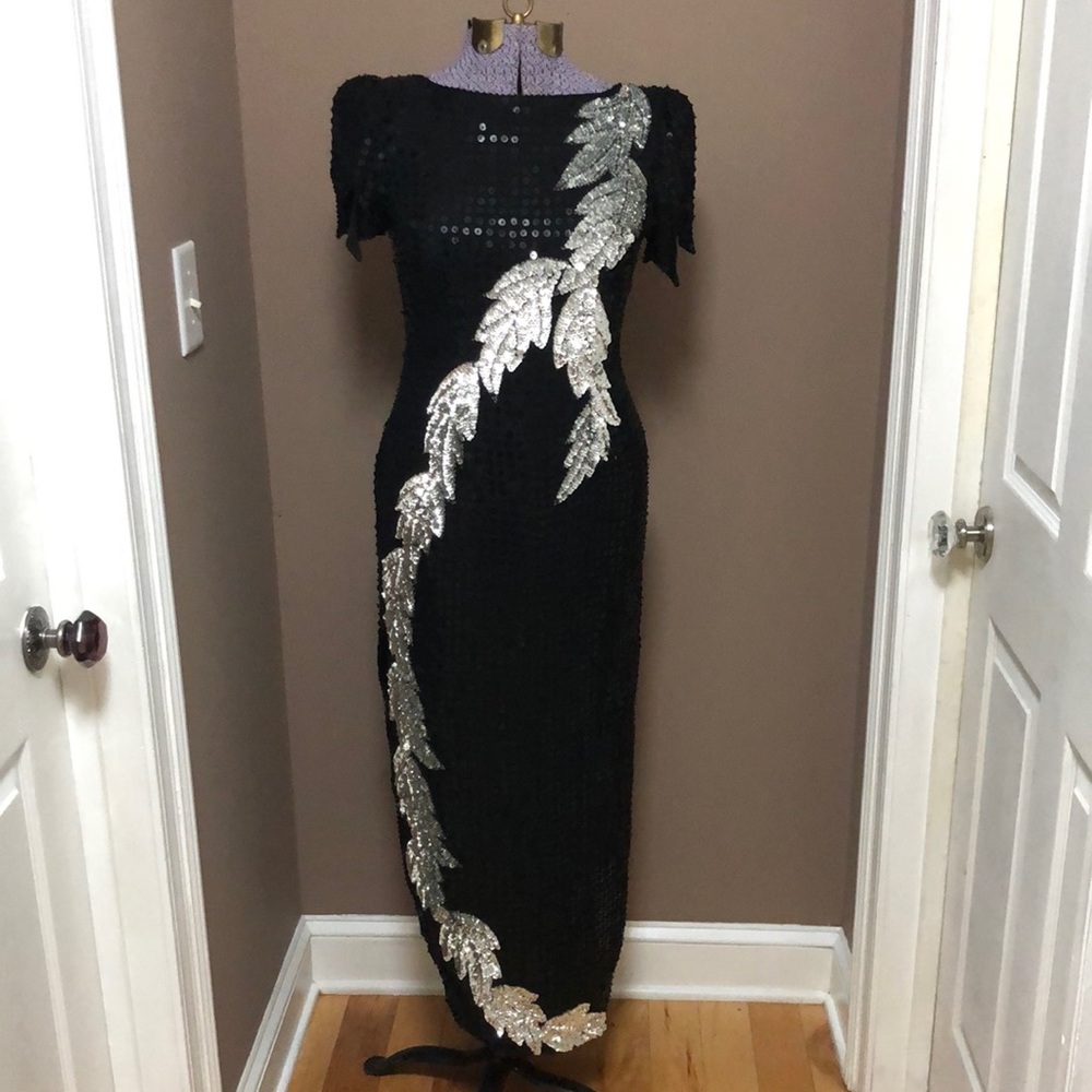 Vintage Alyce Designs long silk black sequin cocktail dress size 14 vtg